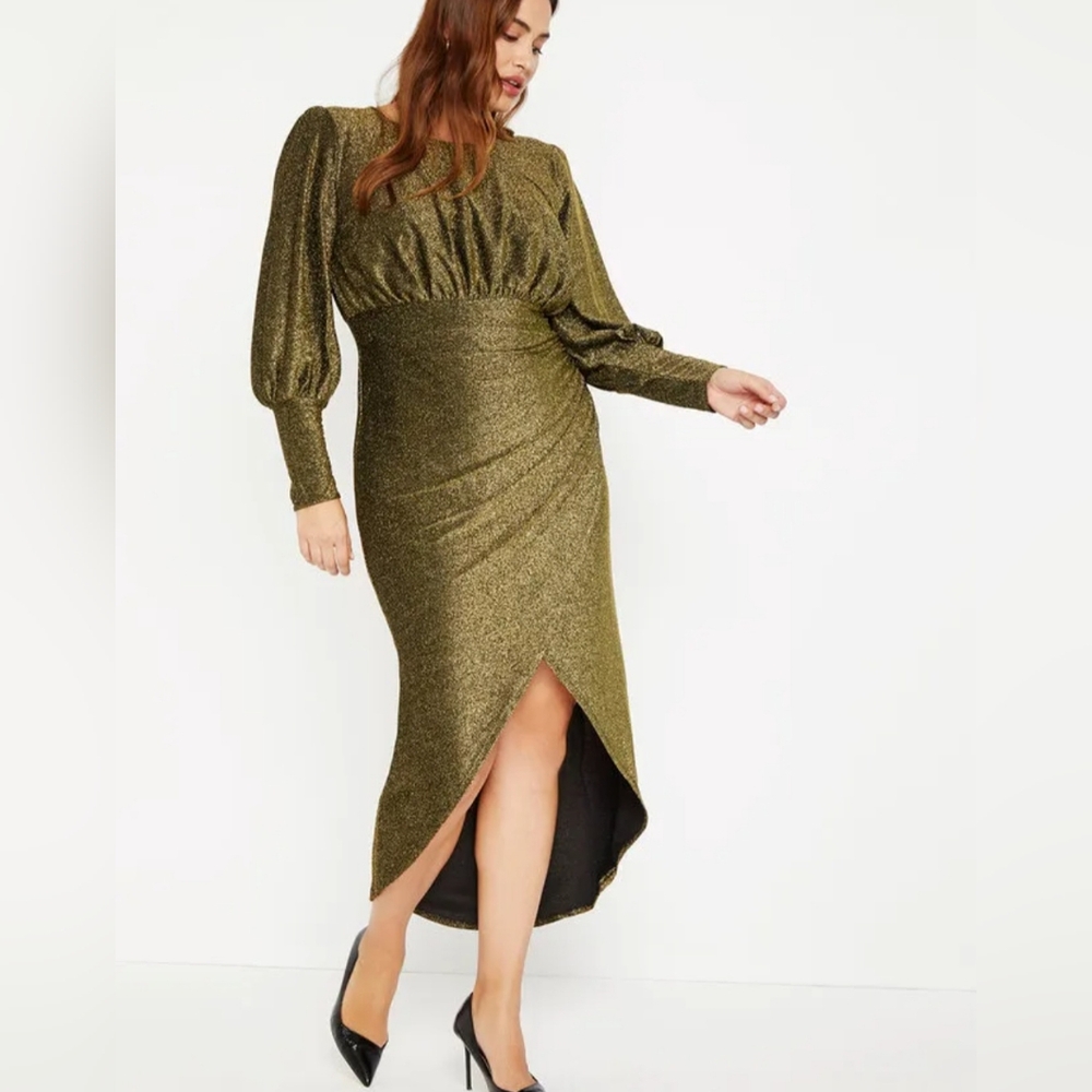 ELOQUII Gold Sparkle Smocked Long Sleeve Hi-Low Maxi Dress